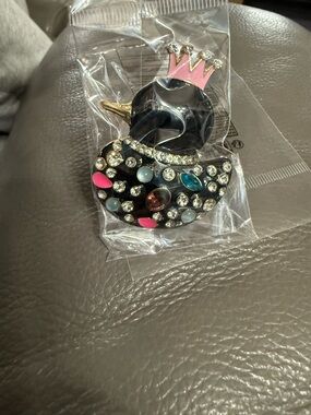 Crystal-Embellished Black Duck Brooch with Pink Crown